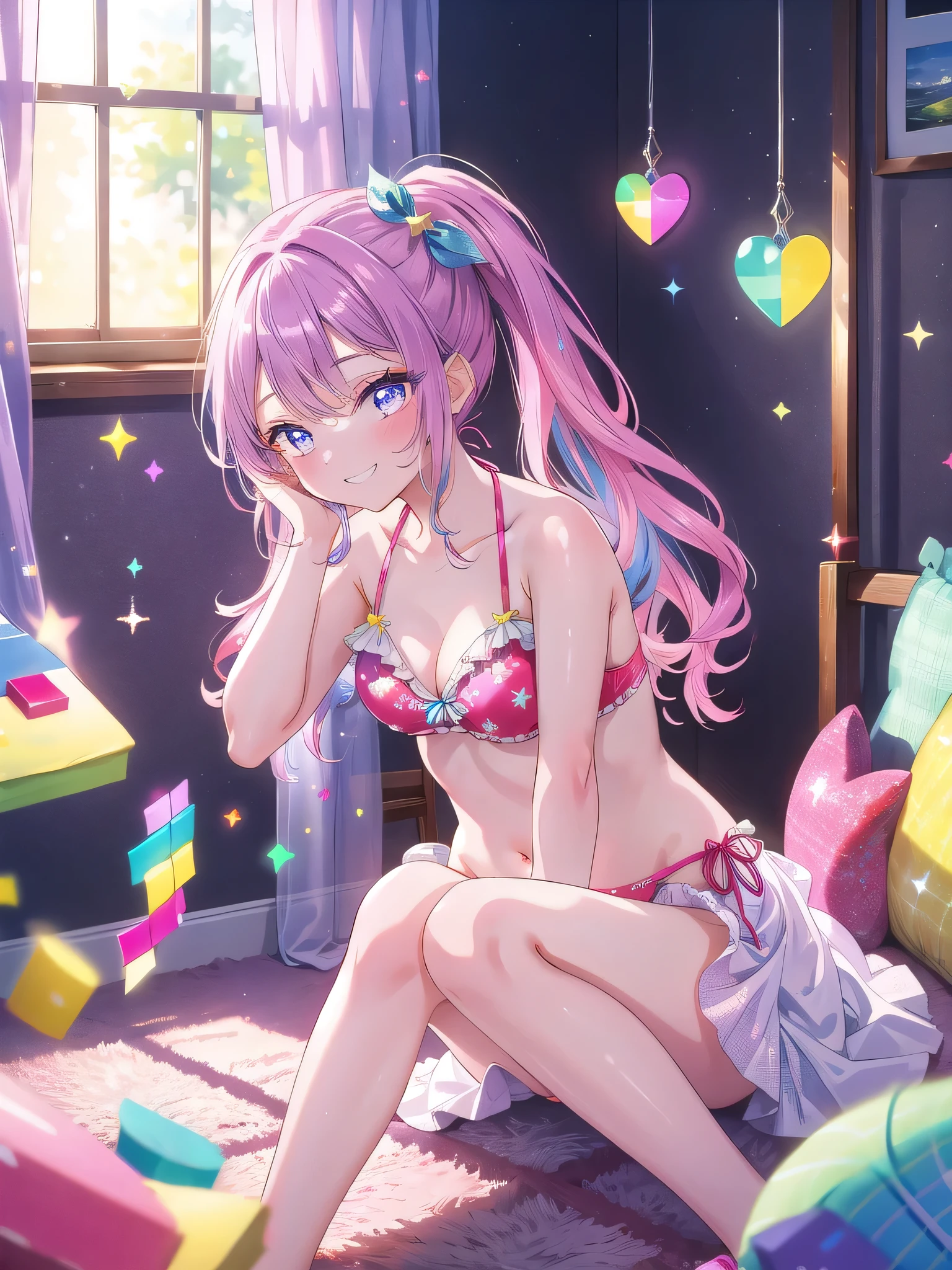 ((8k, Highest quality, masterpiece: 1.3)),Ultra-high resolution,(1 girl, alone), (Color changing eyes, Ultra-detailed, Expressive brilliance, Glitter, Glowing Eyes), Highly detailed eyes, Highly detailed face, Random Hair, ((pastel colour)),A playful young woman with pastel purple hair styled into twin ponytails, sitting on the floor near her bed during a lively afternoon. She is wearing a bright pink bikini with heart-shaped details. The camera captures her from a frontal angle as she sits cross-legged, leaning forward slightly with a cheeky grin, her hands resting on her knees. As she shifts into another pose, she lies on her stomach, her legs bent at the knees, and her feet playfully kicking the air while she rests her chin on her hands. The room is filled with bright natural light, with cheerful decor creating a joyful and vibrant atmosphere.