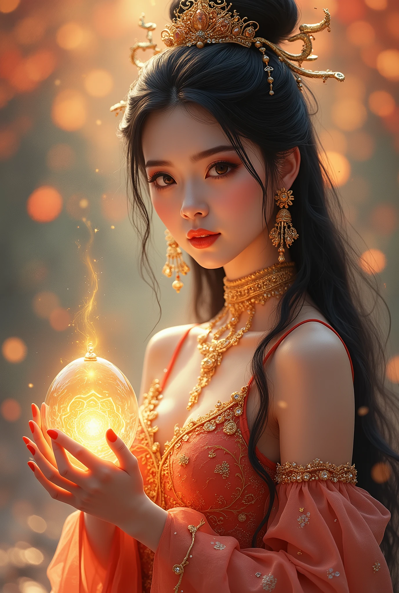 super detailed, realistic, vietnamese goddess, gorgeous detailed eyes, gorgeous detailed lips, shiny black hair, big and beautiful breasts, sparkling ornaments, mysterious aura, sublime beauty, elegant posture, divine light, powerful presence, Surrounding Heaven, bright colors, fairy-tale atmosphere, brilliance, calm expression, transcendent energy, supreme being, legendary figure, queen of heaven, spiritual empowerment, liberated god, Great Goddess, Divine Feminine, unparalleled elegance, Majestic presence, captivating gaze, magical atmosphere, peaceful tranquility, Inspiring brilliance, God's grace, majestic power, eternal silence, Magical amulet, Goddess of Heaven, enchanting beauty, sublime perfection, dreamy atmosphere, enchanting beauty, heavenly divinity