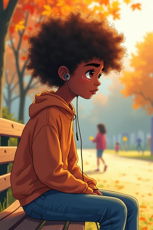 Middle school student's earphones,Natural curls, Are crying, An illustration