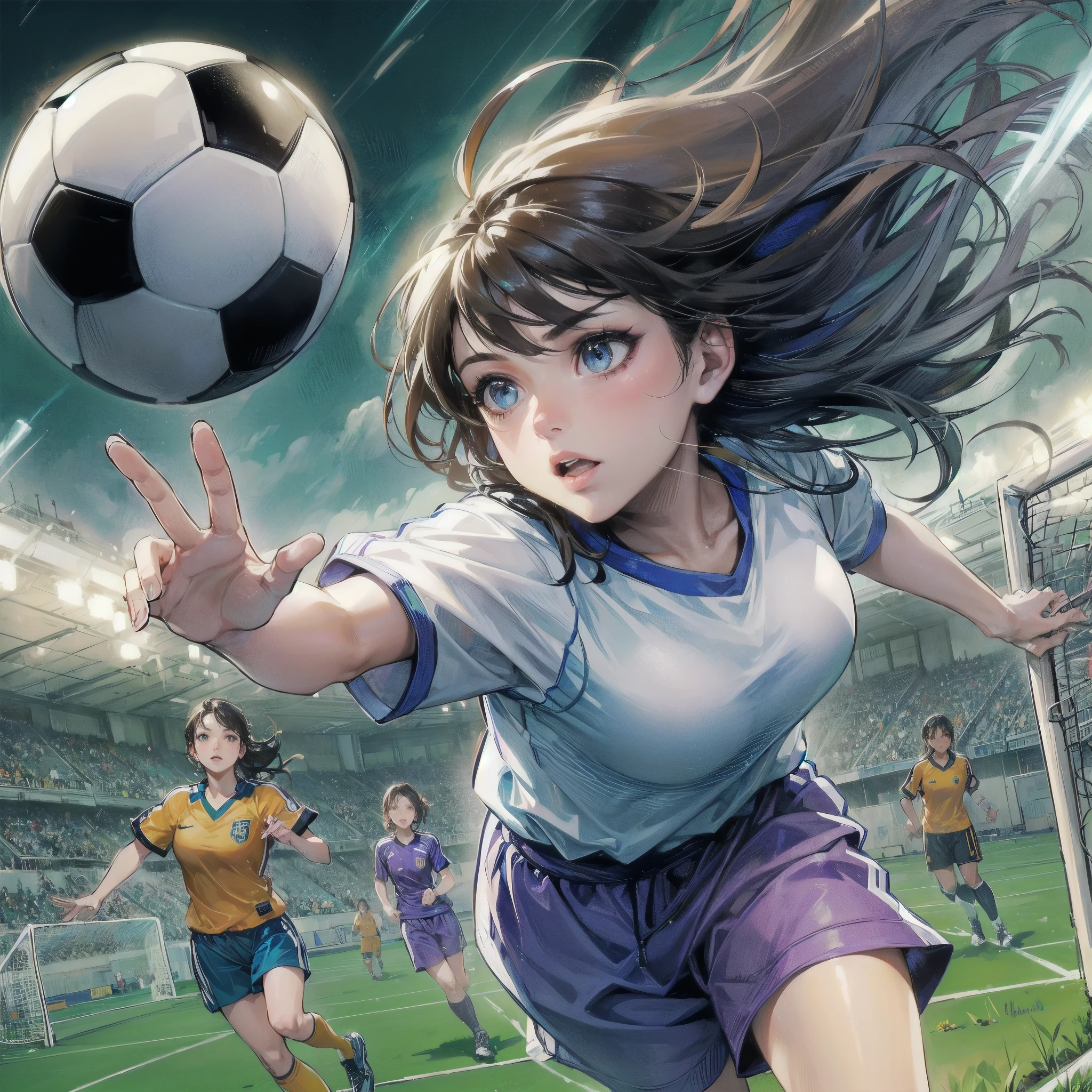 masterpiece, (textured skin), best quality, gorgeous beautiful girl, (a female soccer athlete), detailed clothes,large breasts,narrow waist,, (beautiful face), cinematic lighting, (at soccer venue ),