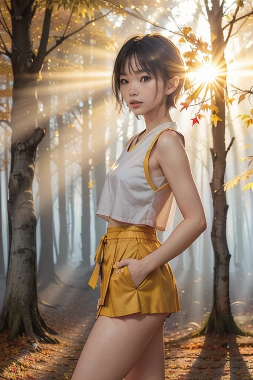 a beautiful japanese college girl with some freckles on her face inspired by hamada hideyaki shot by contax g1 with portra 800 film roll, ((short hair)), ((yellow trees forest)), autumn,scenery:1.25,((intricate scenery)),((autumn forest background)), ((sun rays)), ((front view:1.4)), ((full body)), skimpy mini skirt