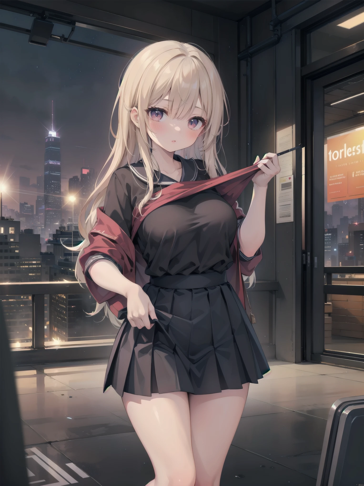 Highly detailed CG Unity 8k wallpaper, best quality, highly detailed, masterpiece, Highly detailed cute girl, 18 years old, (((lifting skirt by herself))), (lifting by herself), dynamic angles, sexy pose, blush, lips apart, looking at the audience , half body shot, (crowd), (crowded big city)), hair over one eye, immaculate beauty, upscale, less revealing clothing