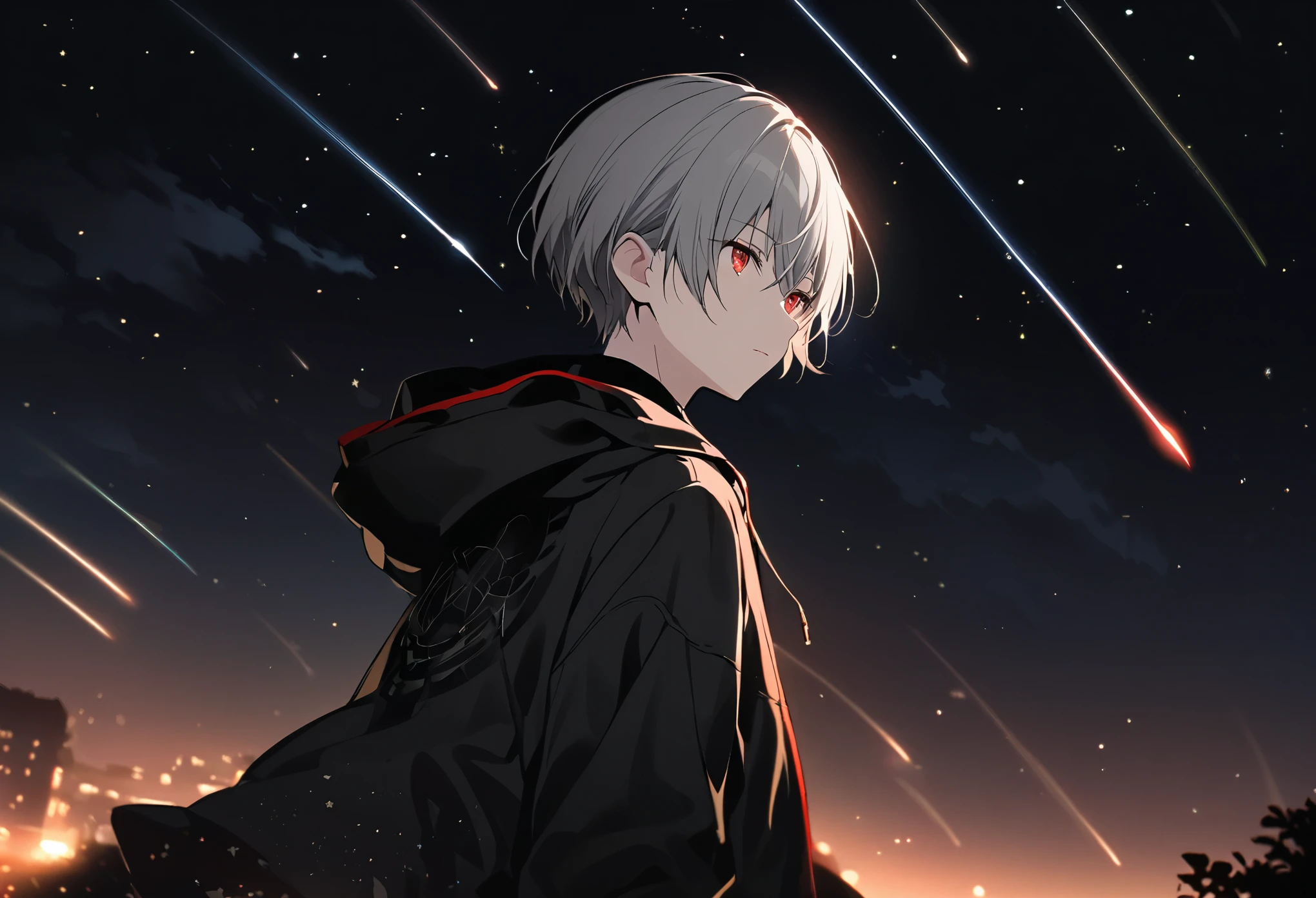 good looking, alone, 1 male, Gray Hair, Red eyes, Black Shirt, Black and white hooded, night, Black light,cute目,Short hairstyle,cute,Falling from the sky,綺麗なnight空,Many Stars,shooting star