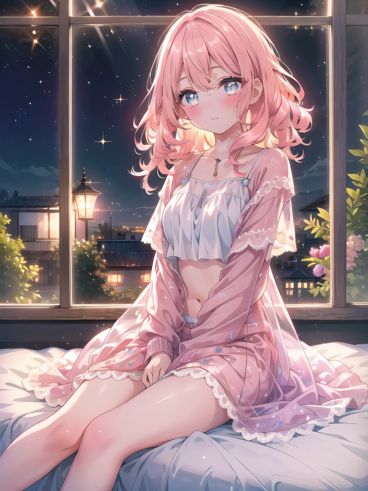 ((8k, Highest quality, masterpiece: 1.3)),Ultra-high resolution,(1 girl, alone), (Color changing eyes, Ultra-detailed, Expressive brilliance, Glitter, Glowing Eyes), Highly detailed eyes, Highly detailed face, Random Hair, ((pastel colour)),A relaxed young woman with pastel peach hair styled into loose curls, sitting on the edge of her bed during a warm evening. She is wearing a light pink bikini with lace accents. The camera captures her from a side angle as she sits with her legs crossed, one hand resting on the bed, and the other gently touching her hair while she gazes out the window with a serene expression. As she shifts into another pose, she lies back on the bed with her arms above her head and her legs slightly bent, creating a relaxed and inviting pose. The room is softly lit by the evening light, with a cozy and intimate atmosphere created by warm tones and soft textures.