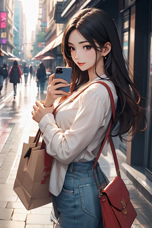 Highest quality、masterpiece、High sensitivity、High resolution、Detailed Description、Slender women、on the road、While looking at your phone、Carrying a big bag、Are standing、