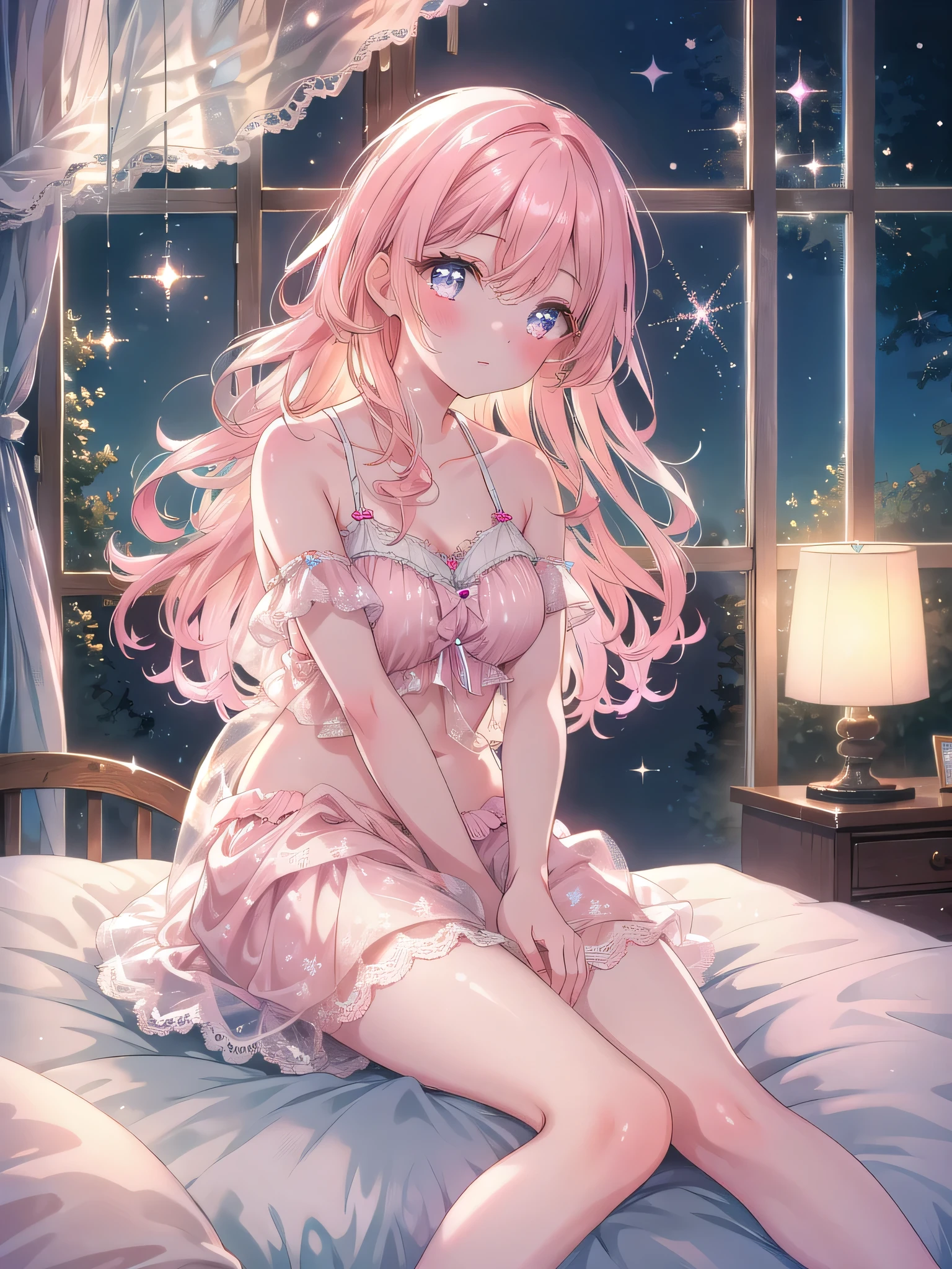 ((8k, Highest quality, masterpiece: 1.3)),Ultra-high resolution,(1 girl, alone), (Color changing eyes, Ultra-detailed, Expressive brilliance, Glitter, Glowing Eyes), Highly detailed eyes, Highly detailed face, Random Hair, ((pastel colour)),A relaxed young woman with pastel peach hair styled into loose curls, sitting on the edge of her bed during a warm evening. She is wearing a light pink bikini with lace accents. The camera captures her from a side angle as she sits with her legs crossed, one hand resting on the bed, and the other gently touching her hair while she gazes out the window with a serene expression. As she shifts into another pose, she lies back on the bed with her arms above her head and her legs slightly bent, creating a relaxed and inviting pose. The room is softly lit by the evening light, with a cozy and intimate atmosphere created by warm tones and soft textures.