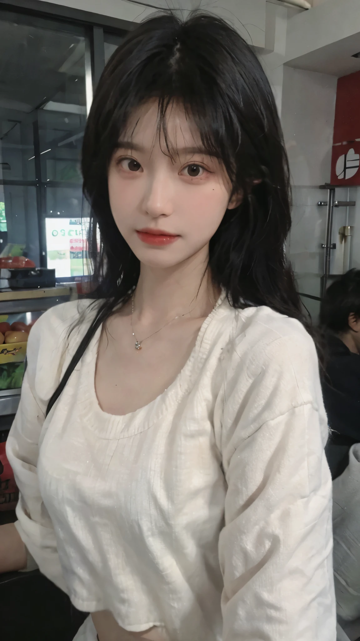 Best quality，Ultra-high resolution,(Realism:1.4)，Cute hairpins，girll,Cropped black sweater，Look directly at the audience，Full of atmosphere，Beautiful woman with a slim figure:1.4，supermarket，whole body，Super delicate face，Exquisite eyes，Double eyelids，necklace