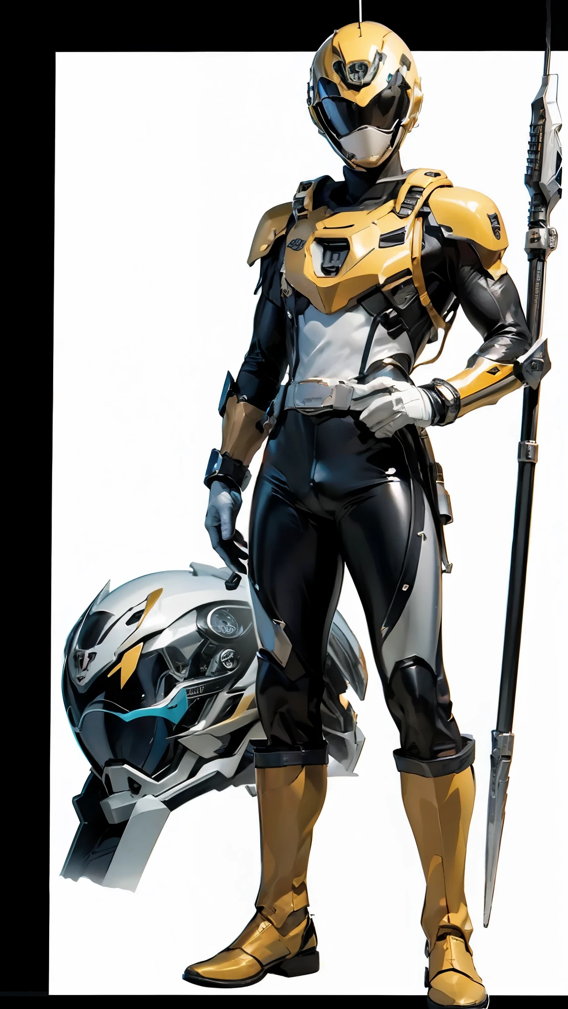 1boy, full body, Illustration, cinematic light, high resolution, best quality, ultra detailed, masterpiece, power suit, powerranger, suit, spd, (silver royal guard ranger suit), gold detail, (((black suit)))