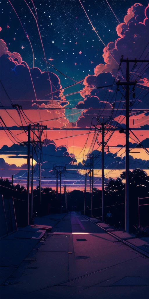 Retro_neon, cloud, null, No humans, scenery, Outdoor, Power lines, sunset, star (null)