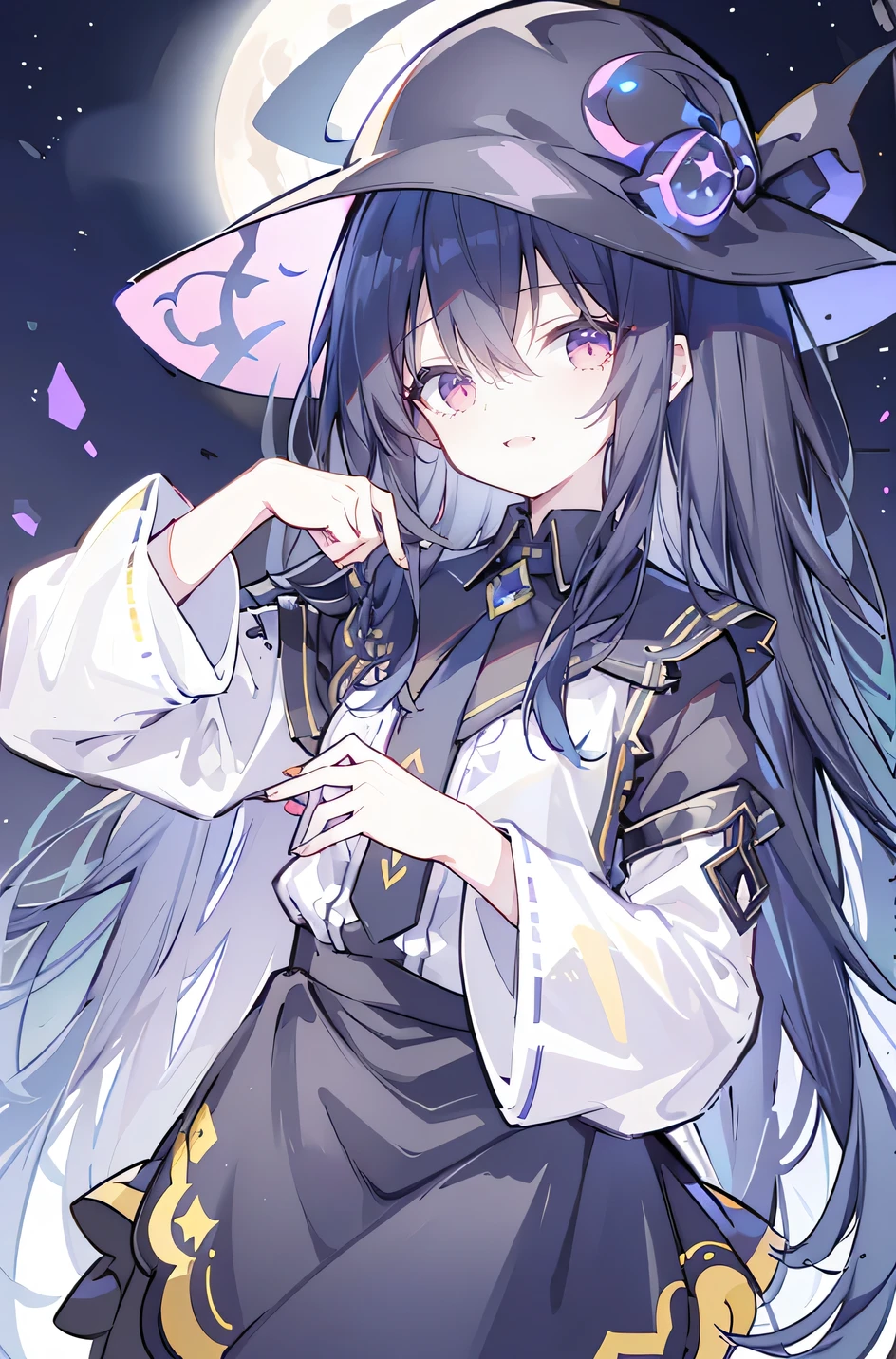 oung Girls,Humanity,A magician always smiles,big witch hat,cute,dark blue long hair,The eyes are dull,The bangs are heavy,Thin eyebrows,fantasy,intake,Double teeth,Star Theme,Constellation pattern,Solid color clothetal decoration,cloak,A bit of a dark atmosphere,A little crazy smile,When the big moon shines outside at night,blood,Hair black star embellishment,Short tie,No nails,High waist skirt,Bell sleeves,Long-sleeved shirt,Black tie,low risk,gentlemen。Mist、Yellow and white effect,Shocking pink as an accent color