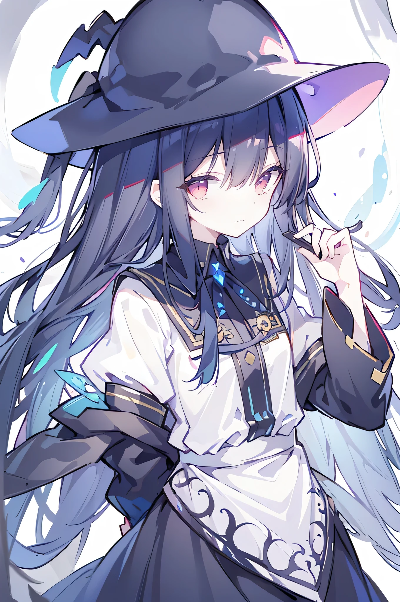 oung Girls,Humanity,A magician always smiles,big witch hat,cute,dark blue long hair,The eyes are dull,The bangs are heavy,Thin eyebrows,fantasy,intake,Double teeth,Star Theme,Constellation pattern,Solid color clothetal decoration,cloak,A bit of a dark atmosphere,A little crazy smile,When the big moon shines outside at night,blood,Hair black star embellishment,Short tie,No nails,High waist skirt,Bell sleeves,Long-sleeved shirt,Black tie,low risk,gentlemen。Mist、Yellow and white effect,Shocking pink as an accent color