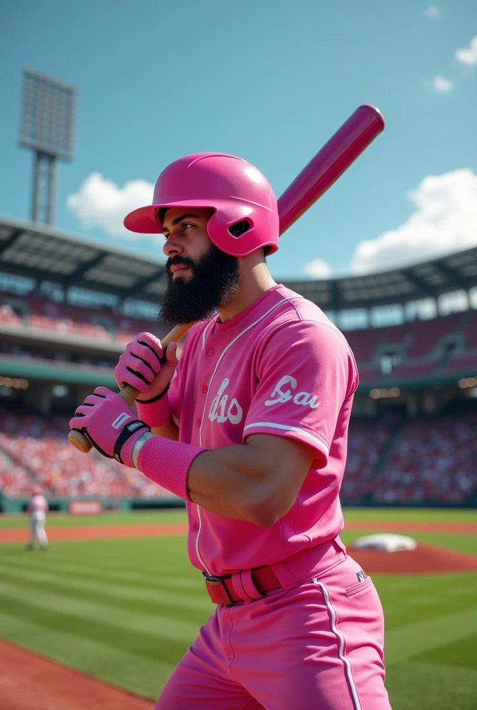 A powerful left-handed hitter in a pink uniform, wearing a pink helmet with a chin guard and a pink bat, a bearded foreigner, after swinging the bat with all his might