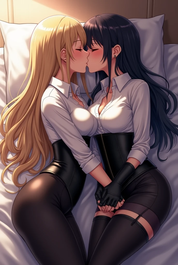 Create an image of two anime women, one on top of the other in a bed while they kiss. One of them wears a choker:1.6, (white long sleeve button down shirt with white collar), black gloves, gloves that cover hands, (black leather corset), (shiny black leggings), , long blonde hair, while the other girl wears a choker:1.6, (white long sleeve button down shirt with white collar), black gloves, gloves that cover hands, (black leather corset), (shiny black miniskirt), long black hair and a  expression on their face