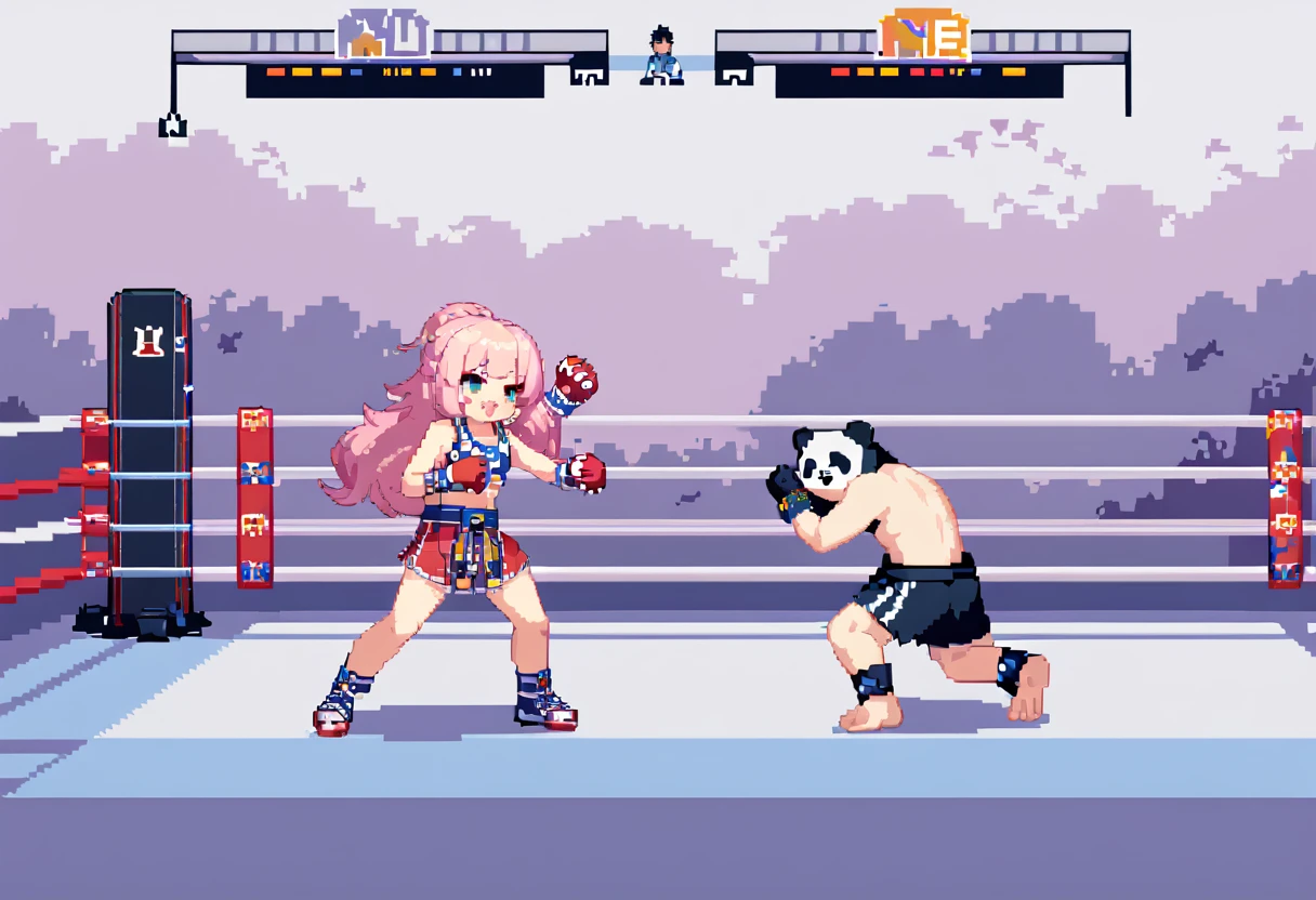 masterpiece, Highest quality, 8k, Pixel art, Pixel art, Vivid, (Muay Thai Fighter, Battle with a panda, Sharp Claws, Fangs are visible) break Little Sheep, young woman, Open your mouth, (Fluffy hair), Long Hair, Hair like sheep's hair, Pink Hair, eyebrow, 太いeyebrow