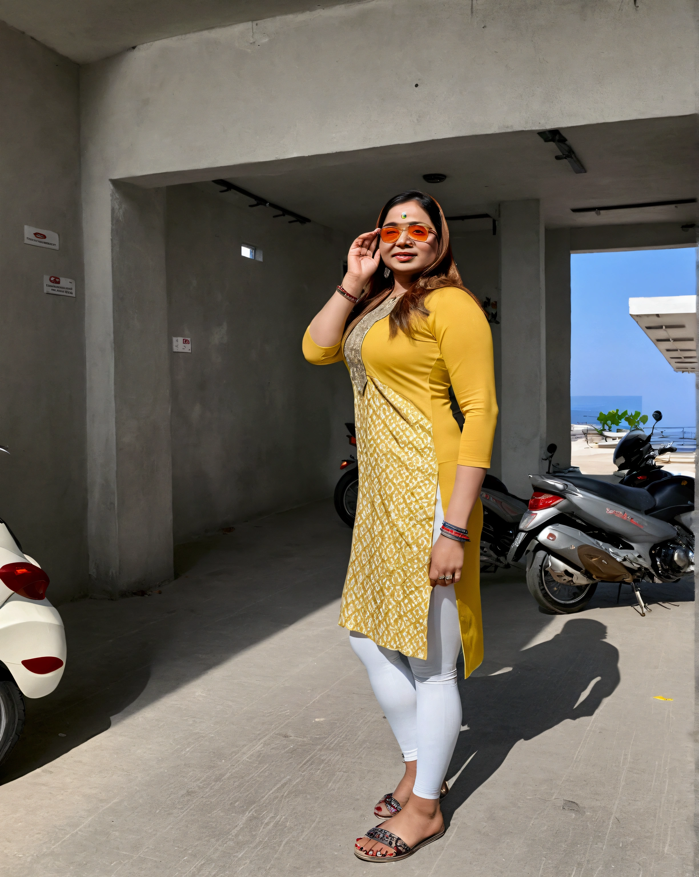 Middle age Bengali woman, full curvy body, Portrait, sitting ([sleveless white plain kurti]) ([white very tight 3/4th length leggings]), ([standing confidently]), showing her curves, seductive face, full body realistic photo,Detailed eye,high resolution Masterpiece
