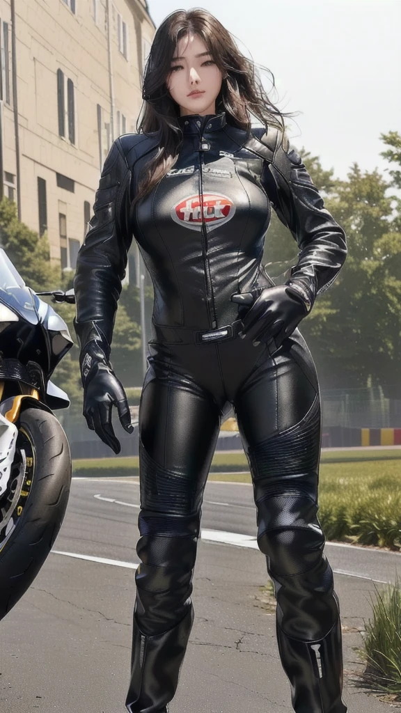 Super delicate beauty, 1 person, Intricate body details,,Unreal Engine:1.4, Enchanted face、Embarrassed face、Open your mouth、Drooling、Wipe away tears、Highest quality、Long limbs、(((motorcycle racing outフィット)))、(((多くのスポンサーのロゴが入ったワンピースbike leather suit着用))、(((blackhead 長い hair))),((Wearing racing leather gloves that cover the fingers and wrists、Wearing long racing leather boots))、Female motorcycle rider、Bike Circuit、Cowhide leather jumpsuit、bike leather suit