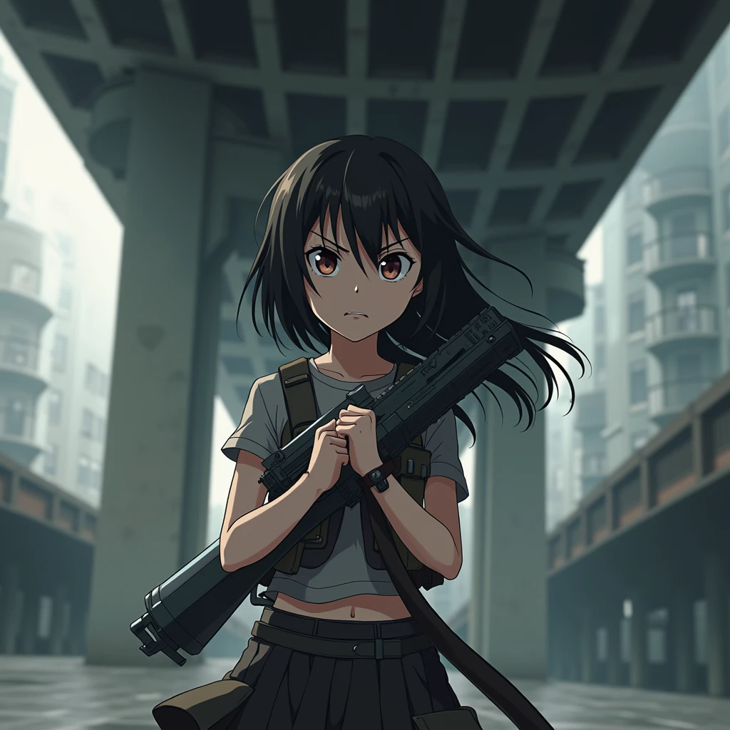 Girl, Soldier, Angry, Weapon in hand, under bridge, anime