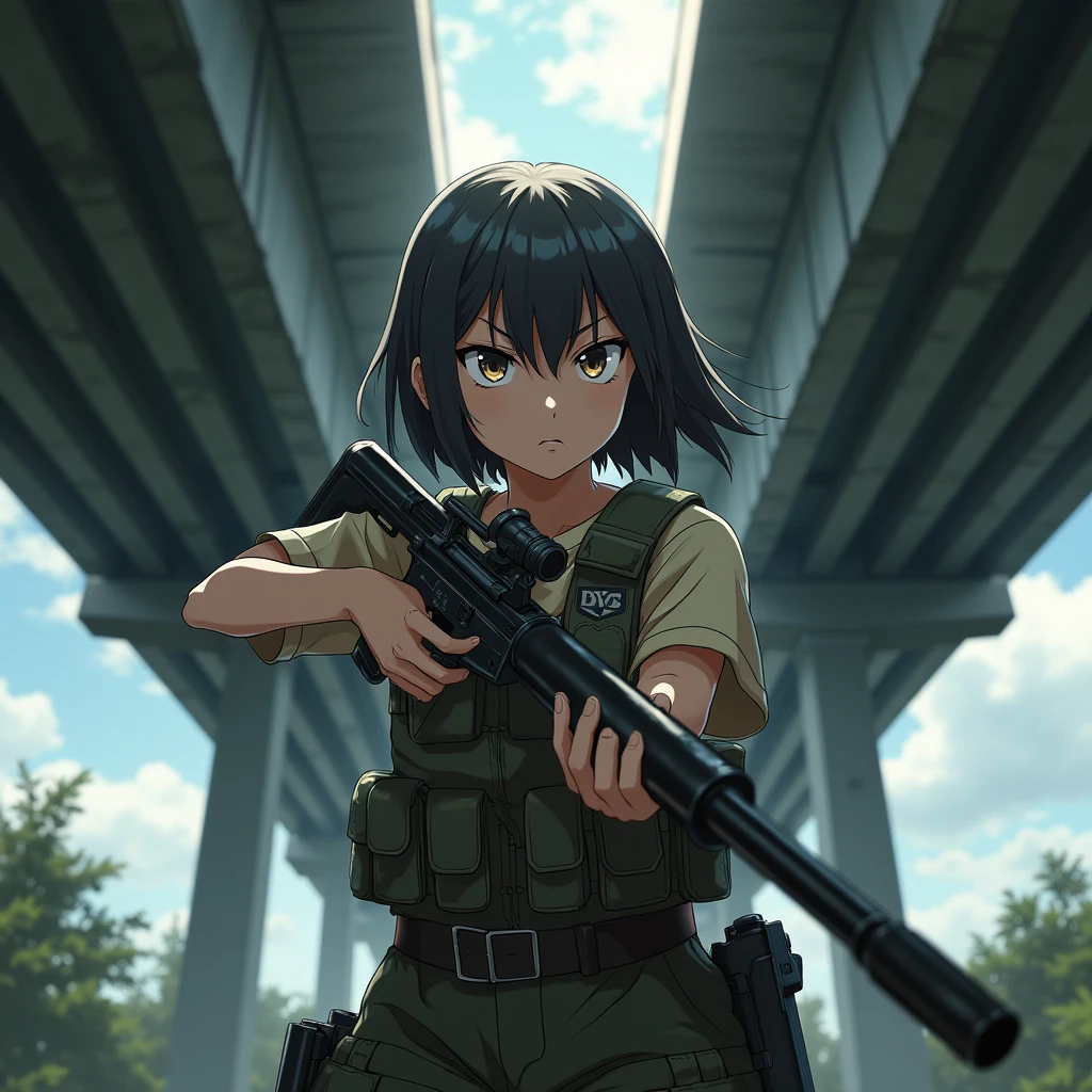 Girl, Soldier, Angry, Weapon in hand, under bridge, anime