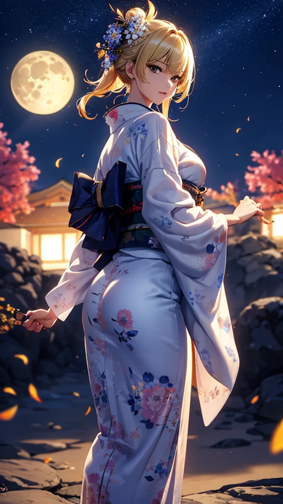 masterpiece, high quality, 4K, Beautiful design, silhouette，blonde， 非常に詳細な夜のStarry Sky,Flower Field， wonderful, Finer details,  Very knowledgeable woman, Highly detailed solo, 1 female,Big Breasts，Big Ass，Underwear Line，Yukata in white color，Night view，Starry Sky，full moon，