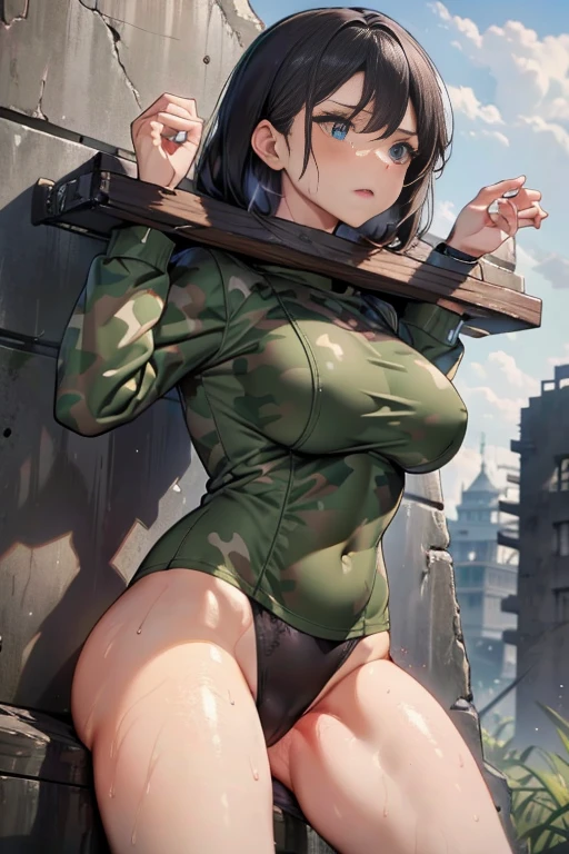 High-quality, detailed face. A ruined world, a jungle overgrown with trees. Ruins within the jungle. Concrete buildings. A woman in camouflage clothing, beautiful. Restraints made of wood. Long-sleeved military uniform. Military personnel. Large breasts, large buttocks. A woman raising her hands. Hands bound with restraints. Restraints attached to a wall. Defiant eyes. A view from the front. A woman being tortured. A prisoner. Black underwear.