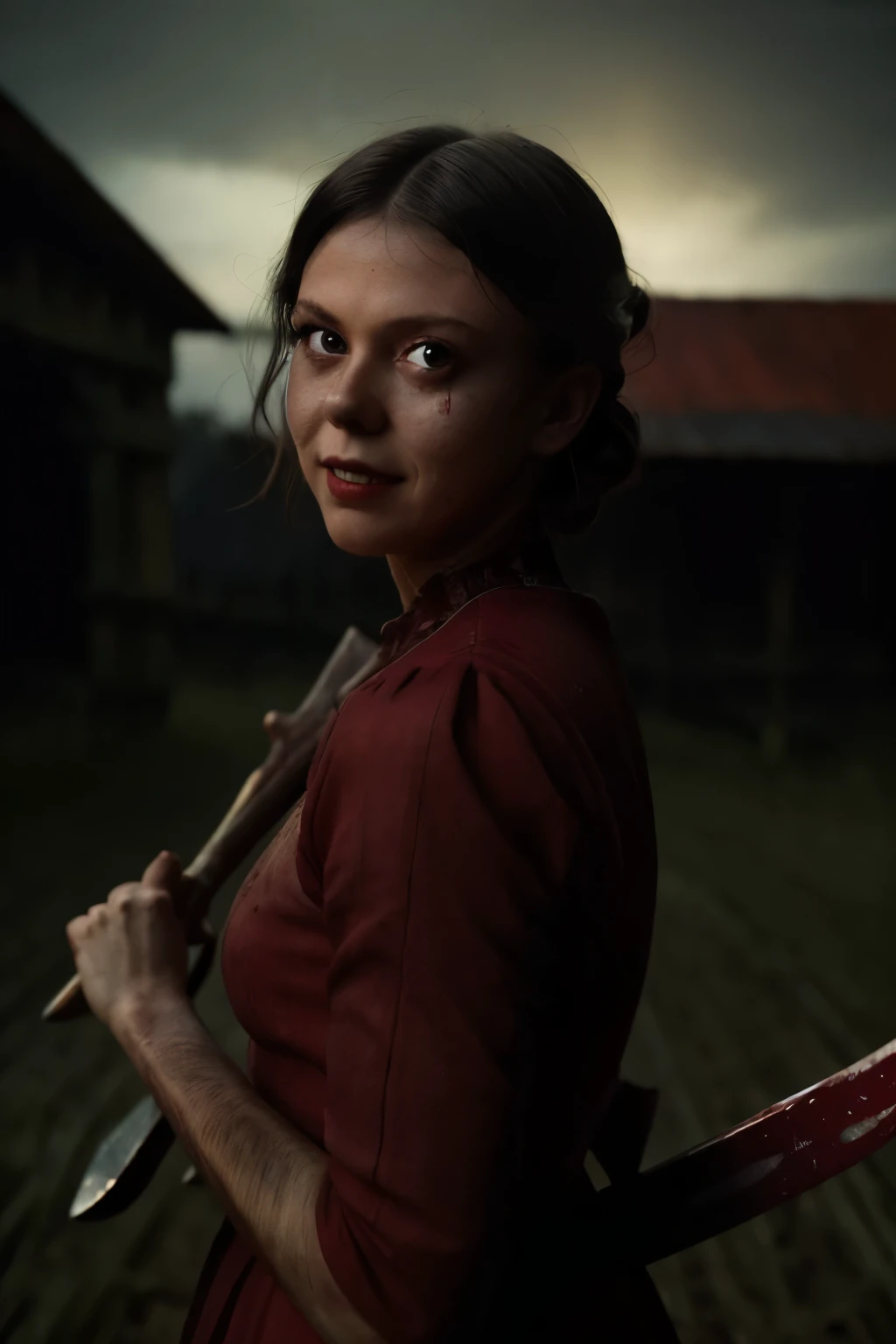 (Pearl from A24's movie), (((holding a bloody axe))), ((Wearing a Red dress))(insane facial expression), (wide manic smile), (cinematic lighting), (hyper-realistic style), (vintage 1910s rural setting), (dark and eerie atmosphere), (dramatic shadows), (close-up shot), (bloodstained clothing), (highly detailed facial features), (film grain effect), (desaturated colors), (tense and unsettling mood), (horror movie vibes), (psycho theme), (intense focus on her eyes), (weathered wooden barn backdrop), (nighttime setting with faint moonlight), (masterpiece: 2), best quality, ultra highres, original, extremely detailed, perfect lighting
