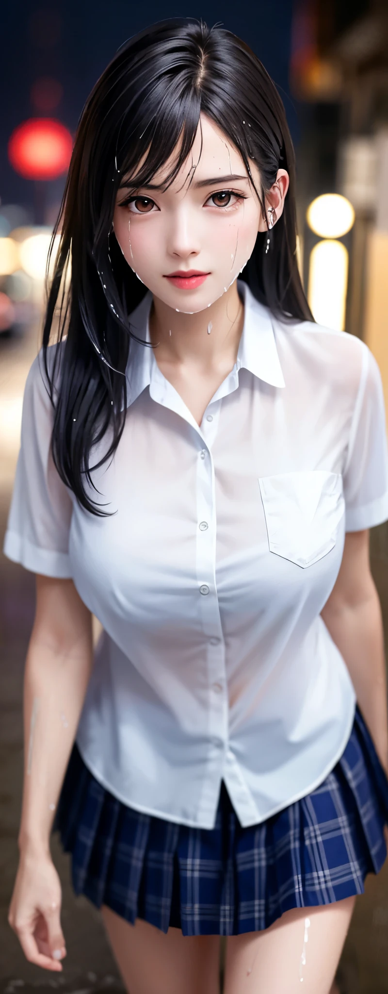 {top quality, masterpiece}, (Realistic: 1.3), (photo Realistic: 1.3), wallpapers,
BREAK {{{FF7, Tifa_lockhart, solo}}},{{{Japan JK uniform, White short-sleeved shirt, Navy Blue Plaid Pleated Skirt, Dark blue short socks, loafers, Wet clothes, see through shirt}}},{see through shirt:1.6}, Ultra-detailed face, Detailed eyes, Red eyes, (black brown hair, Large breasts: 1.2), (all body soaked:1.3), About 18 years old,
BREAK {{{(gravure pose, Nogizaka idol}}},(no bra), kawaii, (face focus:1.2), sensual, looking at viewer, Beautiful legs, {{{erotic face, erotic eyes, erotic mouth}}}, {{{walking}}},
BREAK girl in the rain, (Soaking get soaking wet, get soaked, at night ,dark:1.2), (background big city,shibuya:1.1)