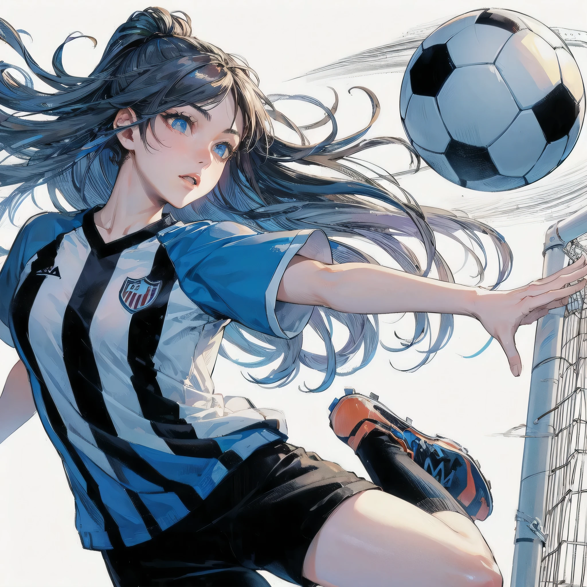  masterpiece, (textured skin), best quality, gorgeous beautiful girl, (a female soccer athlete), detailed clothes,large breasts,narrow waist,, (beautiful face), cinematic lighting, (at soccer venue ),