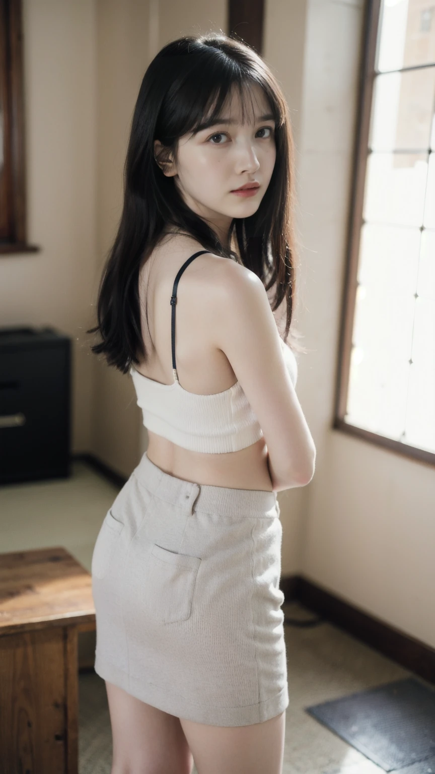 ((1girl)), woman, masterpiece, best quality, highest quality, cinematic lighting, (volumetric lighting), extremely detailed CG unity 8k wallpaper, focused, 8k wallpaper, extremely detailed, ultra realistic, photorealistic, sharp focus, absurdres, (HDR:1.2), (high contrast), photograph, detailed and intricate, instagram, portrait, highly detailed, digital painting, artstation, concept art, smooth, sharp focus, illustration, cinematic lighting, (big breast:1.3), (((skinny, slim legs))), (japanese idol posture), (knit strap tanktop, micro skirt, open shoulder), looking at the viewer, ((Medium body shot, hip level shot)), long hair, ((looking back over shoulder))