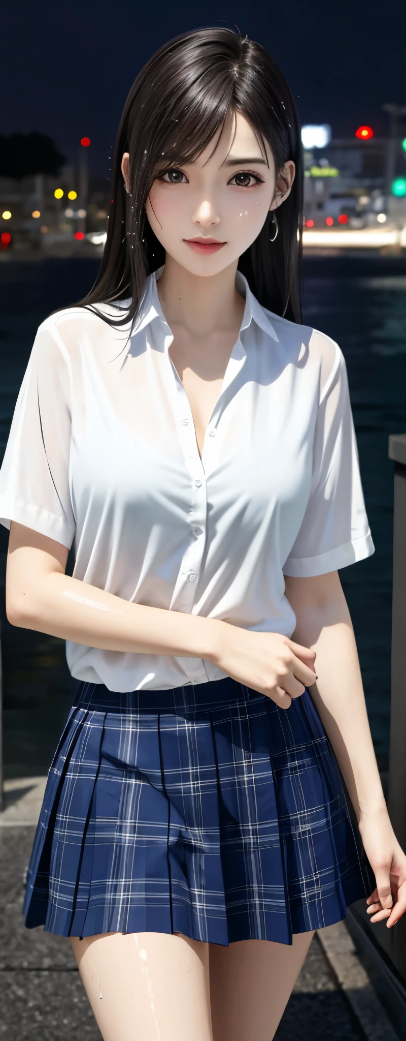 ((top-quality、8K、masterpiece:1.3))、Crisp focus:1.2、Beautiful woman with perfect body shape:1.4、Slender Abs:1.2、((Colossal tits:1.2))、(Wet white button-up long shirt:1.1)、(Sunny、in poolside:1.2)、a wet body:1.5、Highly detailed facial and skin texture、A detailed eye、二重まぶた、Pleated skirt、White blouses、Female School Uniform、The shirt、Ribbon tie、pleatedskirt、Schools、8K raw photos、hight resolution、19-year-old Korean、very large round breasts、beautiful eyes finely detailed、long eyeslashes、Beautiful double eyelids、eyeshadows、eye line、Slender eyes、elongated eye shape、Sanpaku eyes、Dark Eye Makeup、evil smile、Beautiful and thin legs、Random longhair、Tie your hair behind your head、耳Nipple Ring、a necklace、light brown hair、Cheerful pose、Kamimei、Angle from above、Valley