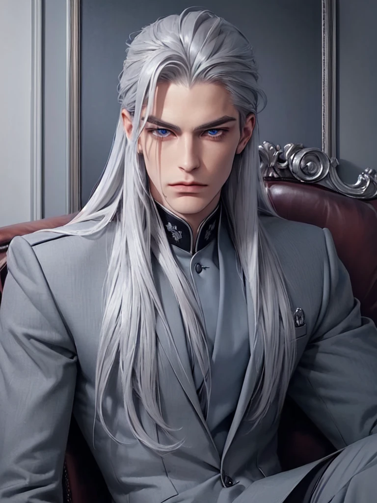 ((portrait)) ((dressed in a gray uniform)) ((handsome man)) ((long straight platinum hair)), blue eyes, tattoos, dominant, sitting on the couch, piercing, seductive look, long platinum hair, look from high, arrogant face, looks with contempt.