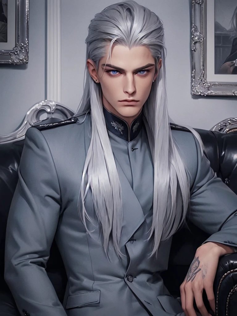 ((portrait)) ((dressed in a gray uniform)) ((handsome man)) ((long straight platinum hair)), blue eyes, tattoos, dominant, sitting on the couch, piercing, seductive look, long platinum hair, look from high, arrogant face, looks with contempt.