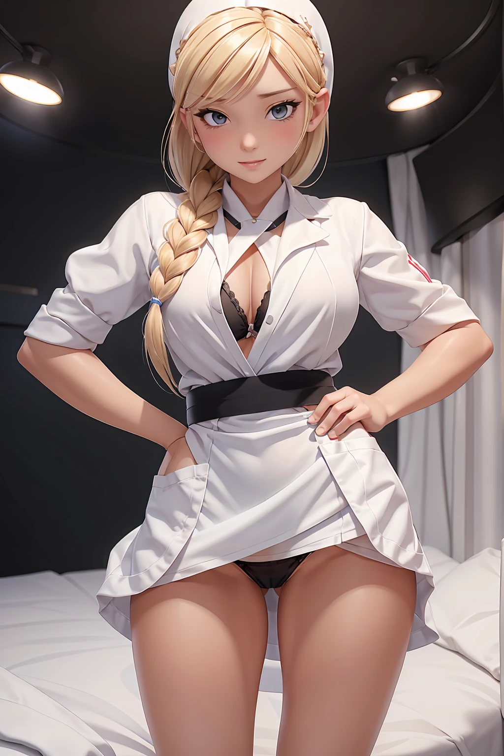 One person, Blonde braided hair, Shiny white nurse uniform, She is also a nurse, Lift up the skirt, Black thong panties, Anatomically correct, Accurate human anatomy