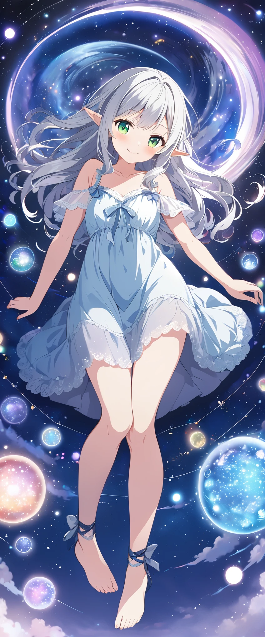 one girl, elf, long silver hair, looking at viewer, blushing, smiling, bangs, negligee, green eyes, full body, pointy ears, lying down, view from below, sleeping surrounded by galaxy, magician, glowing constellations and nebulae in background, highly detailed digital painting, mysterious aura, Kyoto Animation,