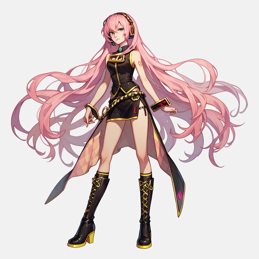 1 girla(cool beauty, vocaloid, Luka Megurine, pink hair, long hair, straight hair, black headphone, sleeveless black short suit, side slit black skirt, black long socks, yellow long boots)