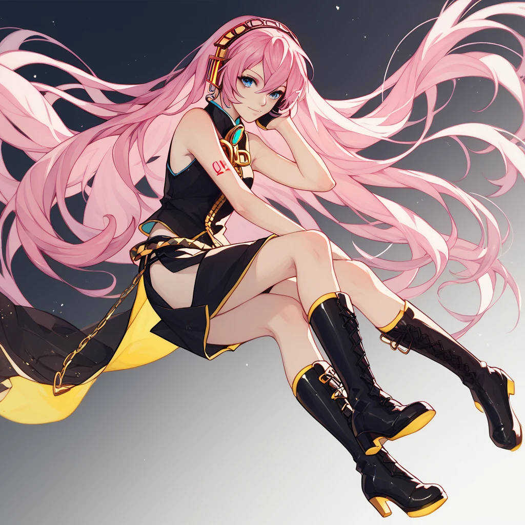 1 girla(cool beauty, vocaloid, Luka Megurine, pink hair, long hair, straight hair, black headphone, sleeveless black short suit, side slit black skirt, black long socks, yellow long boots)