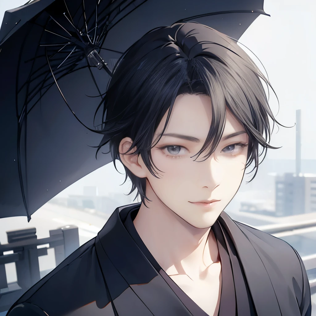 a well-dressed man in a japanese anime style, short dark hair neatly styled, sharp grey eyes, 1 man, anime, japanese, short hair, neatly styled hair, grey eyes, high quality, detailed, realistic, cinematic lighting, 8k
