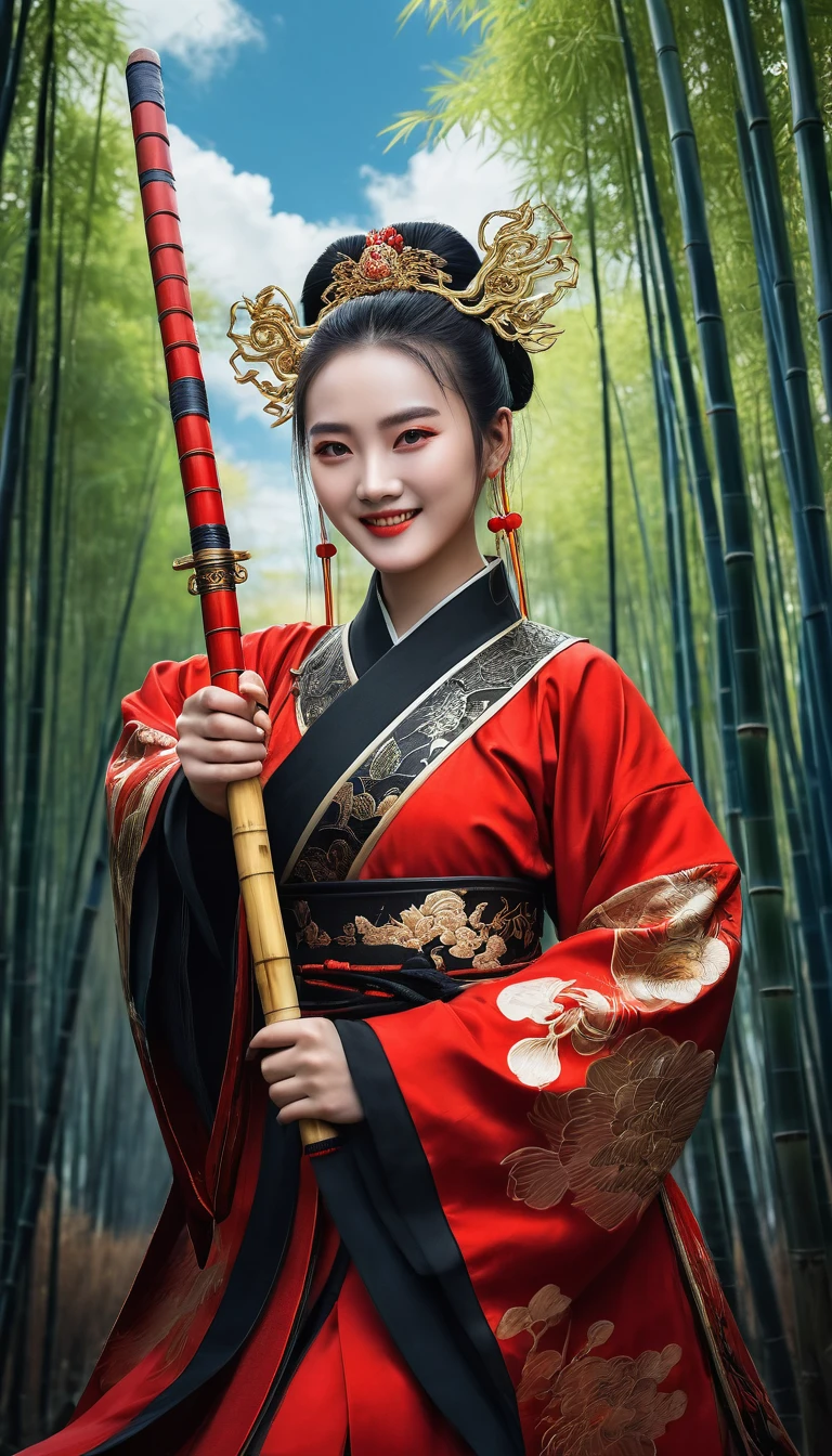 Dongfang Bubai, the female hero in the work The Smiling, Proud Wanderer, is extremely beautiful, wearing a red and black ancient Chinese costume, Chinese ancient swordplay style, a mysterious beauty, cold temperament, holding a golden needle, sharp eyes. The background is a bamboo forest, blue sky, white clouds. Cinematic lighting, bright and moody atmosphere, detailed, 8K, concept art, ArtStation quality.