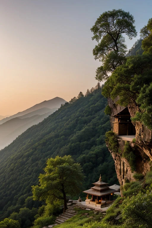 A serene mountain landscape at dawn, with a small, isolated hermitage perched on a cliff. The silhouette of the sadhu can be seen meditating under a large tree.