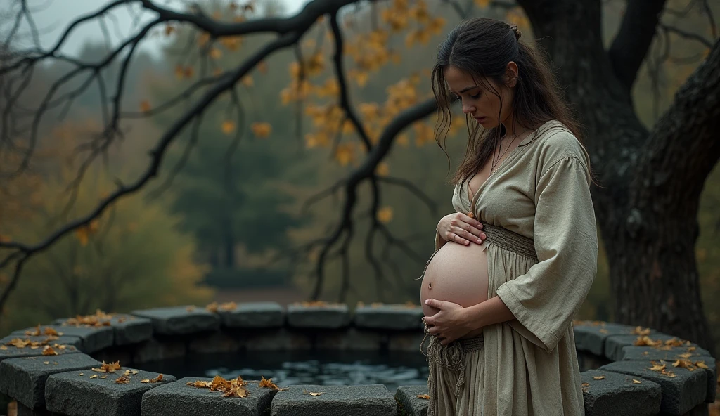 Pregnent women, looks like 1000 years before, sad mood, fall into the well, sweating