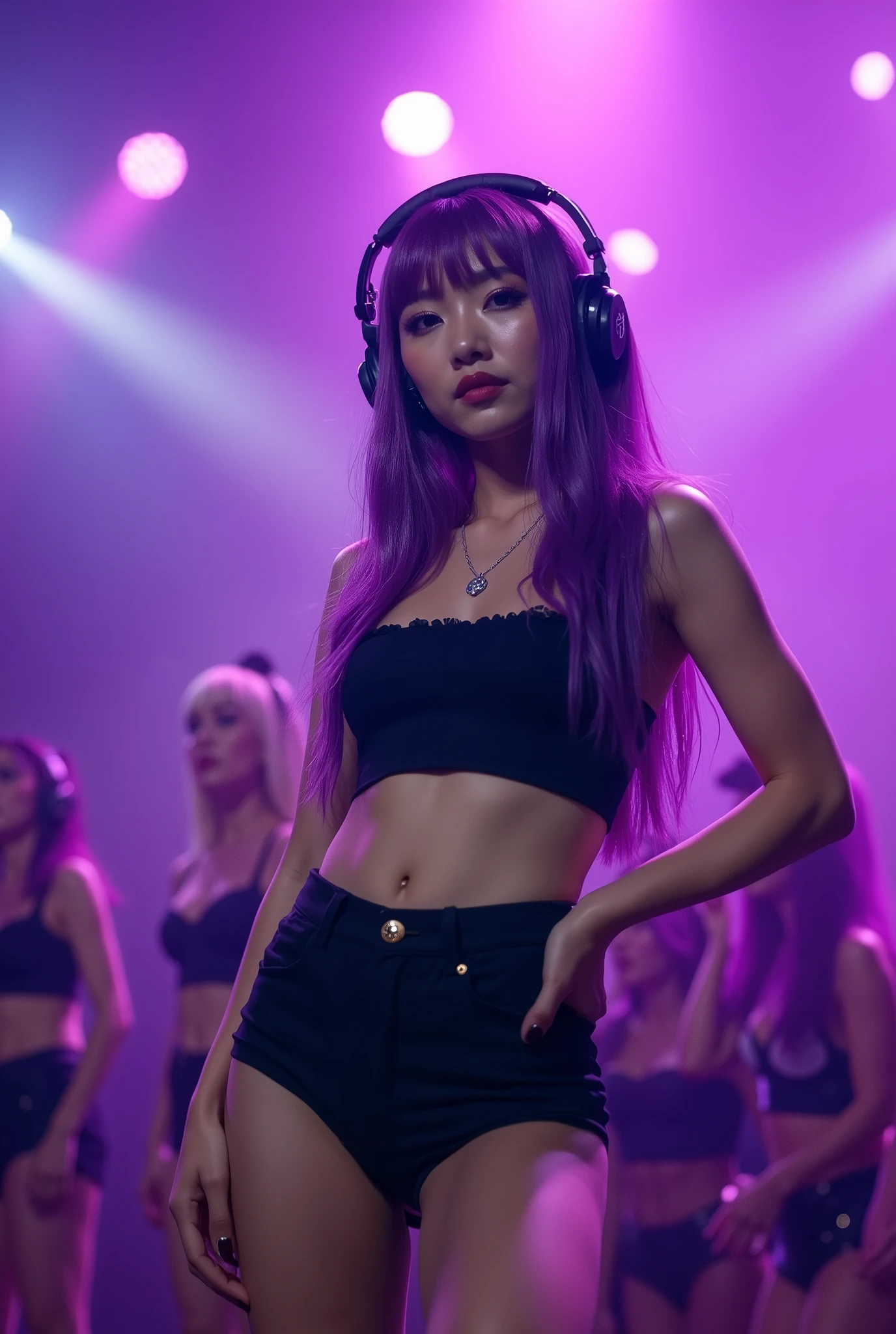 Korean butterfly woman with purple hair, wearing headphones and a short black outfit, perfect body, 2000s. Korean butterfly woman with purple hair at a tour show, a passionate Korean cast, outfit shot, 2000s, and 2000s jacket, 2000s hairstyle with bangs, short Korean outfit with purple hair and headphones, purple background, full body.