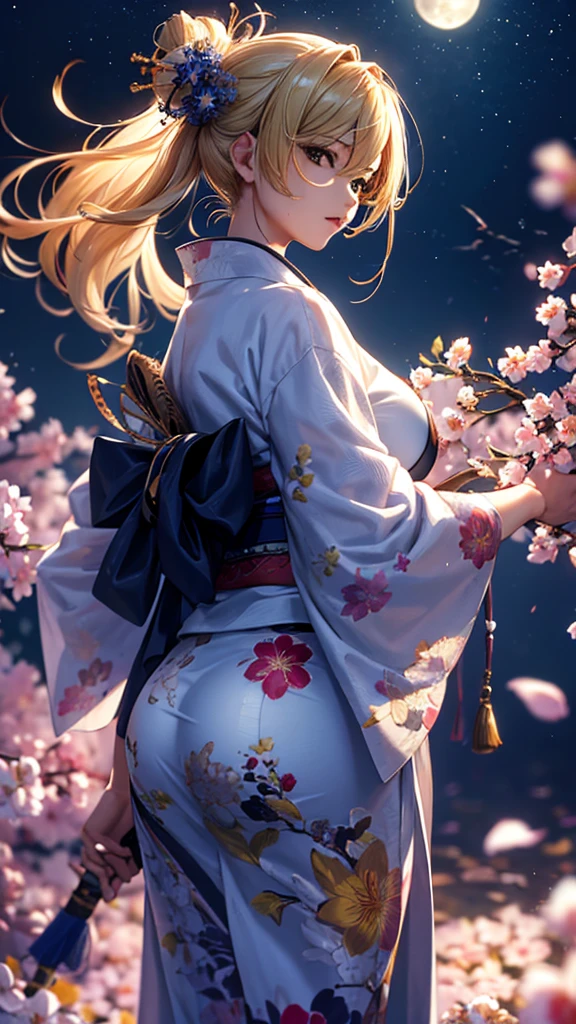 masterpiece, high quality, 4K, Beautiful design, silhouette，blonde， 非常に詳細な夜のStarry Sky,Flower Field， wonderful, Finer details,  Very knowledgeable woman, Highly detailed solo, 1 female,Big Breasts，Big Ass，Underwear Line，Yukata in white color，Night view，Starry Sky，full moon，