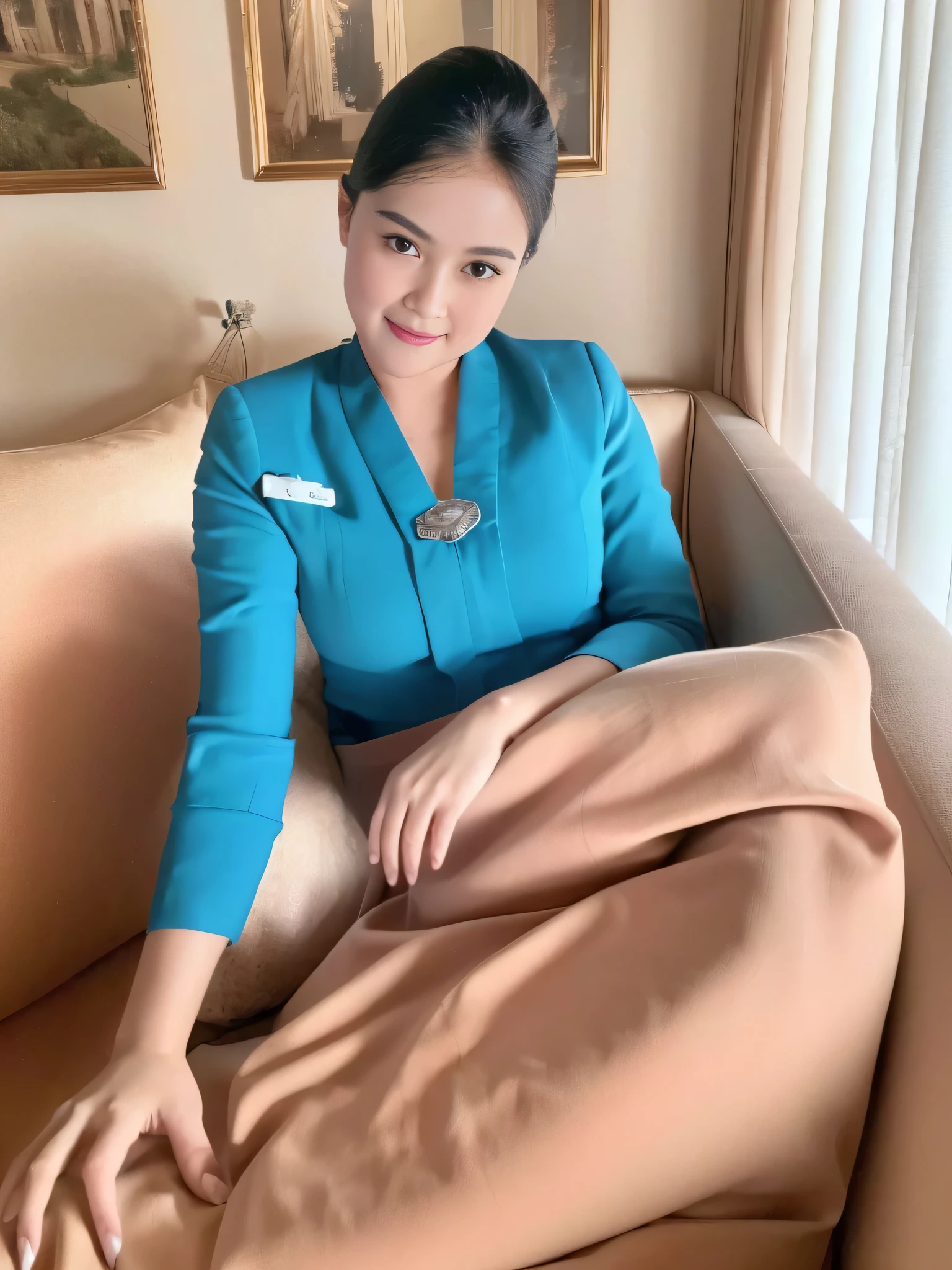 1girl, solo, at hotel room, beautifully hotel room scenery, cute little smirk, detailed eyes, thick medium breasts, smooth realistic skin, wearing flight attendant uniform, looking at the audience, (Overhead shot:1.3), (zoom out:1.4), (8k, RAW photo, best quality, masterpiece: 1.2), (realistic, realistic: 1.37), ultra-high resolution
