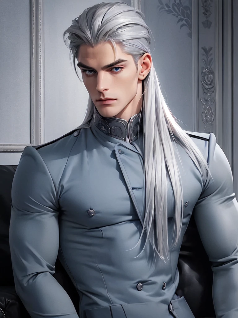 ((portrait)) ((dressed in a gray uniform)) ((handsome adult man)) ((long straight platinum hair)), ((muscular body)), ((tall, athletic, handsome adult man)), blue eyes, tattoos, dominant, sitting on the couch, piercing, seductive look, long platinum hair, look from high, arrogant face, looks with contempt.