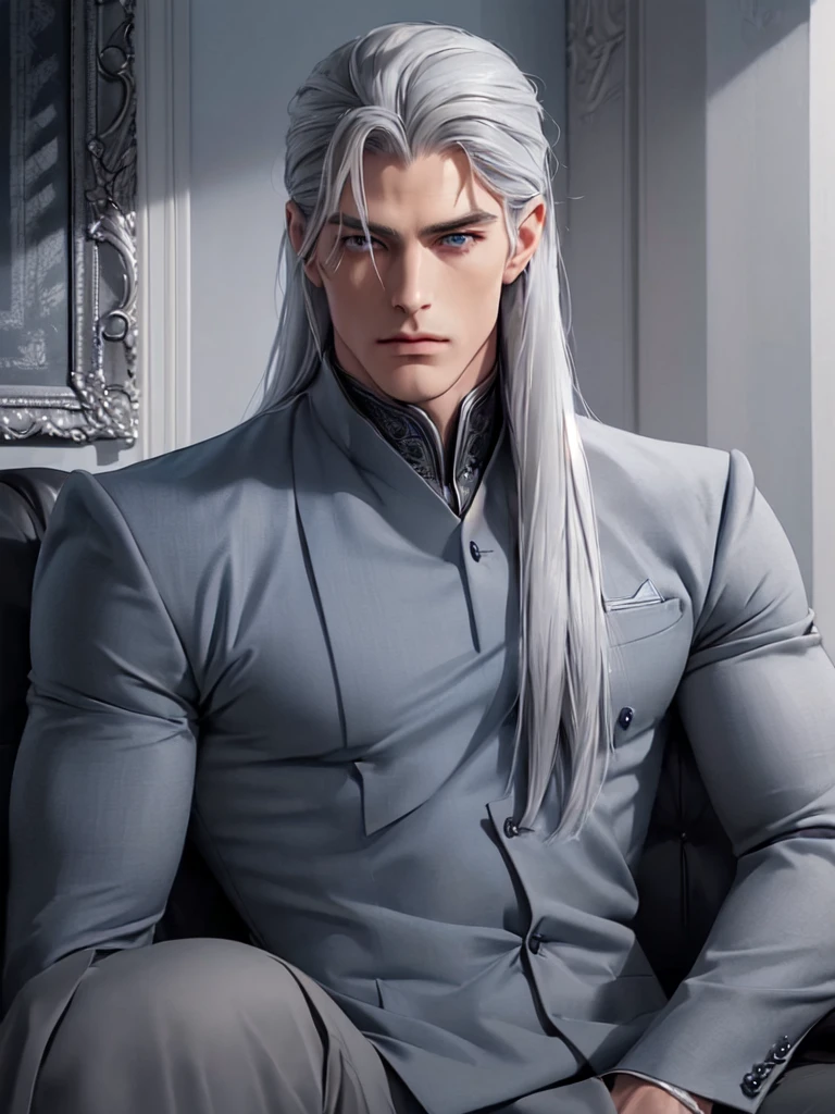 ((portrait)) ((dressed in a gray uniform)) ((handsome adult man)) ((long straight platinum hair)), ((muscular body)), ((tall, athletic, handsome adult man)), blue eyes, tattoos, dominant, sitting on the couch, piercing, seductive look, long platinum hair, look from high, arrogant face, looks with contempt.
