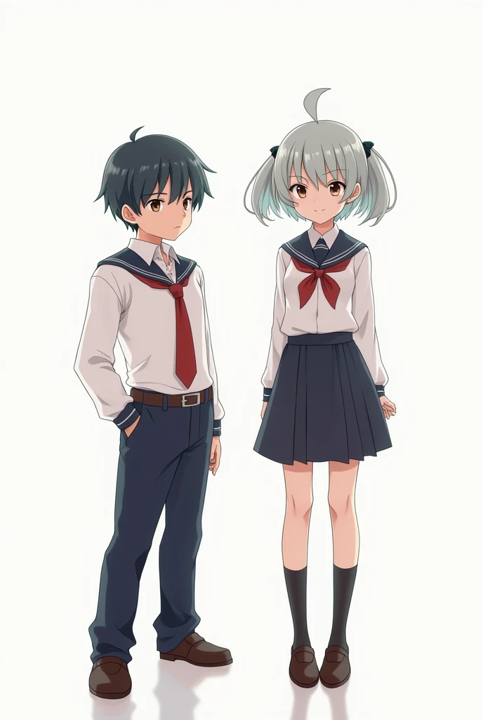 White background,A slender, cheerful boy with tea-colored hair, his hair is both smooth and has a few strands sticking up.,A girl with a cold expression,short hair,with a forelock,Wearing school uniform