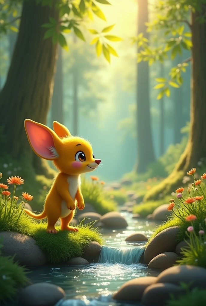 "A small, yellow creature with large, pointed ears and rosy cheeks is exploring a lush, green forest. It stands on two legs, its body covered in short, sleek fur that shines slightly under the dappled sunlight filtering through the dense canopy above. The creature’s bright eyes are wide with curiosity as it looks around at the towering trees, their leaves rustling softly in the breeze. Nearby, a small stream trickles gently over smooth stones, while a carpet of vibrant green moss and delicate wildflowers surrounds the creature. The overall scene is serene and inviting, capturing the beauty and mystery of the forest as the small creature takes in its surroundings."