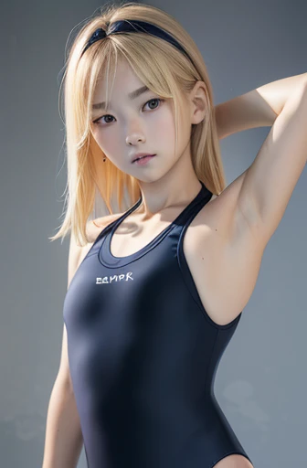 superfine detail,masuterpiece,amazingpicture,Ultrafine,((sfw:1.5)),Create a photo of a korean Asian ager,beautiful girl, ((blonde hair)),10yorow eyes:1.5,slimface,armpits,((dark navy swimsuit:1.5)),no underarm hair,skinnybody,slim chest,rasping,littlesmile