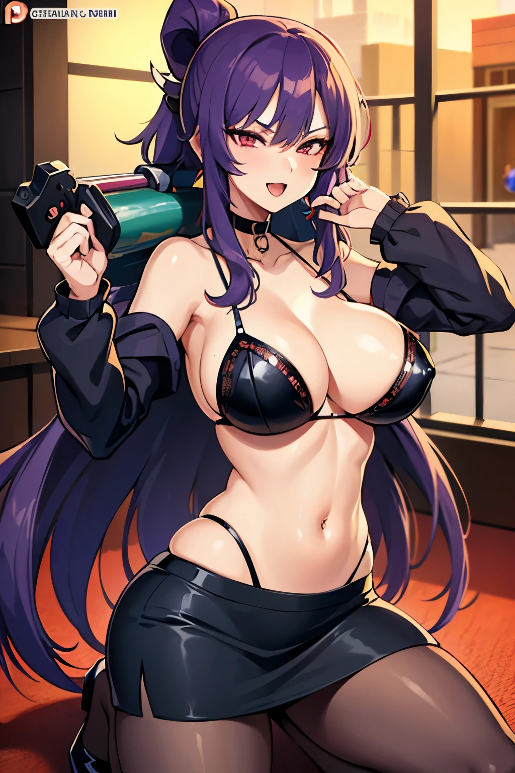 suzune, purple hair, red eyes, long hair, choker,
blush, lipstick,,jewelry, earrings, Hot girl, baddie, bad attitude, mean girl, crazy, smoking, sensual, attractive, mall, shopping center,indoors, masterpiece, best quality, highly detailed, a girls with a gun, open mouth, blazer, sexy gaze, (nsfw) not
safe for work, badass pose , evil smile, smile, black bra, anime girl with long hair, long haired girl,
navel, evil expression, exposed belly, exposed navel, exposed midriff, exposed lower belly, micro
miniskirt, micro pencil skirt, pencil skirt ,holding a gun, holding pistol, navel piercing