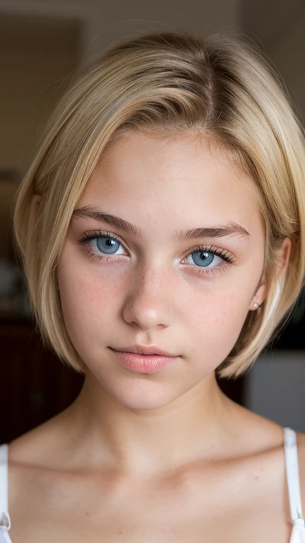 ((Ultra Detail)), Beautiful Art, (((18 yo blonde teen girl . Full lips. Eyes wide))). ((Very short hair)), high details, best quality, Micro Bikini