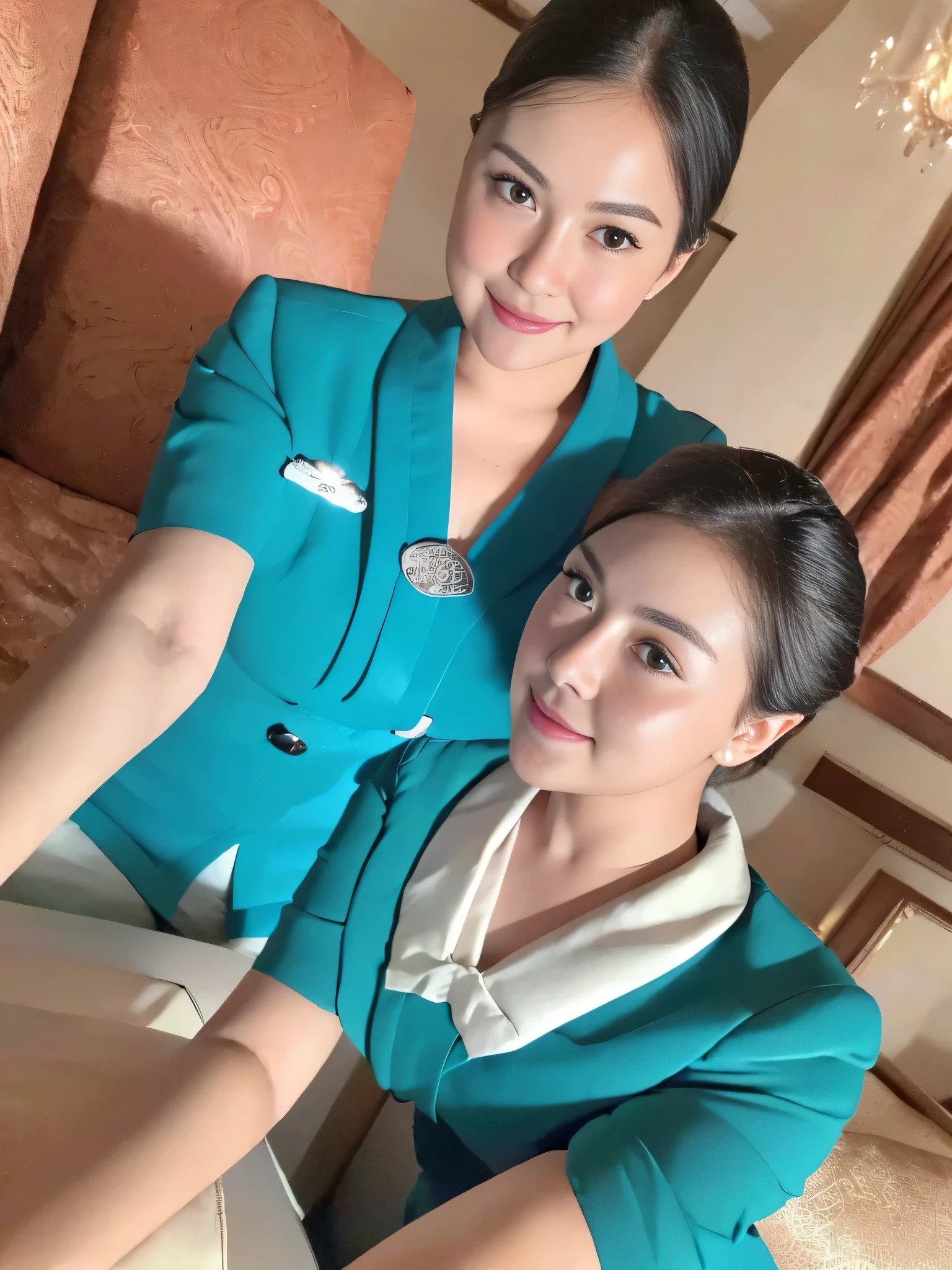 1girl, solo, at hotel room, beautifully hotel room scenery, cute little smirk, detailed eyes, thick medium breasts, smooth realistic skin, wearing flight attendant uniform, looking at the audience, (Overhead shot:1.3), (zoom out:1.4), (8k, RAW photo, best quality, masterpiece: 1.2), (realistic, realistic: 1.37), ultra-high resolution